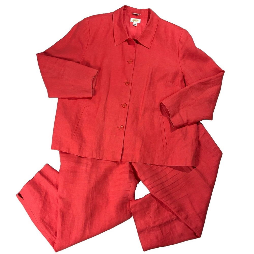 Talbots 100% Irish Linen Pant Suit Coral Pink Womens 2W Coastal Chic Euro Summer